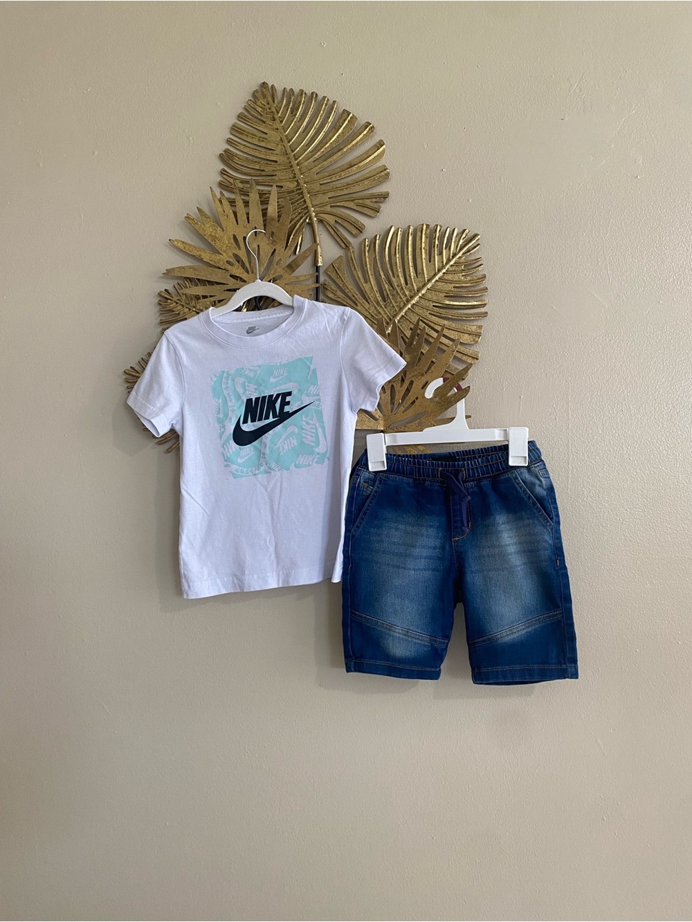 Nike White Tee with Aqua Graphic and Dark Blue Denim Shorts